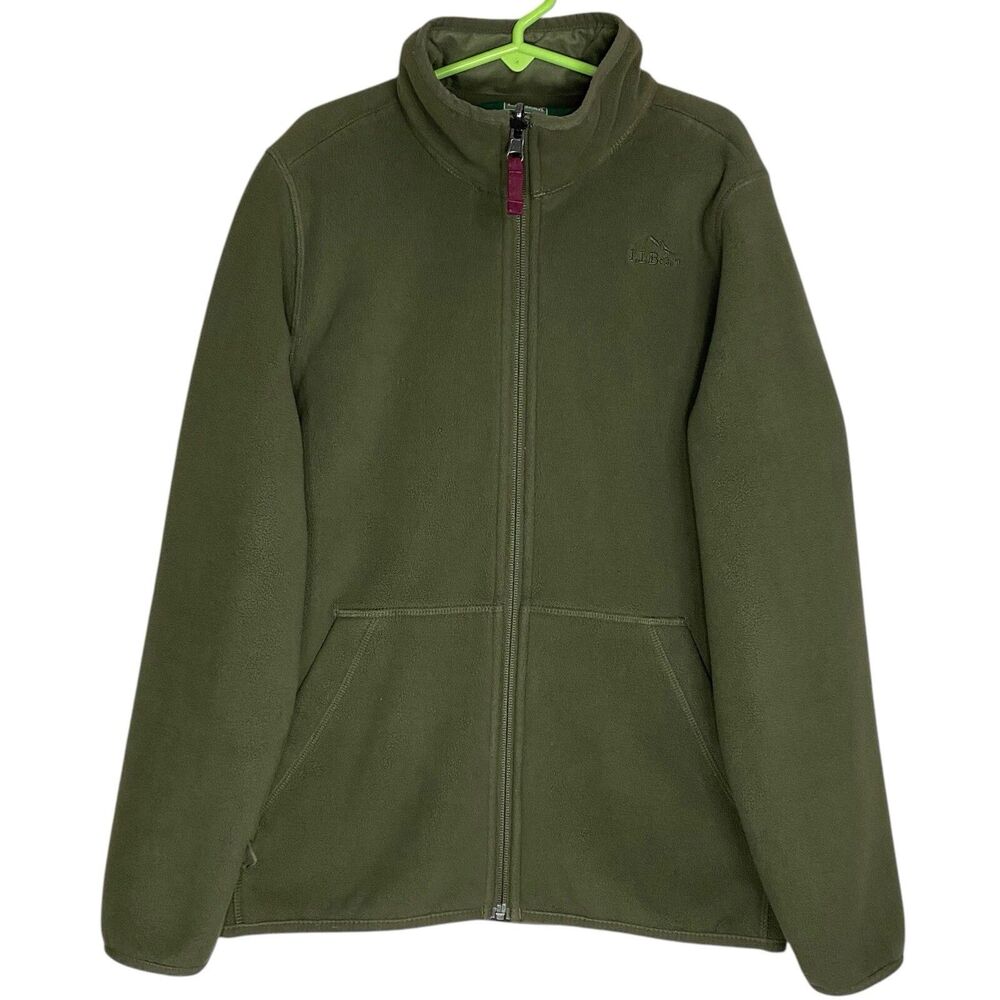 LL Bean Kids Fleece Jacket Medium Olive Green Full Zip Outdoor Pockets Hiking